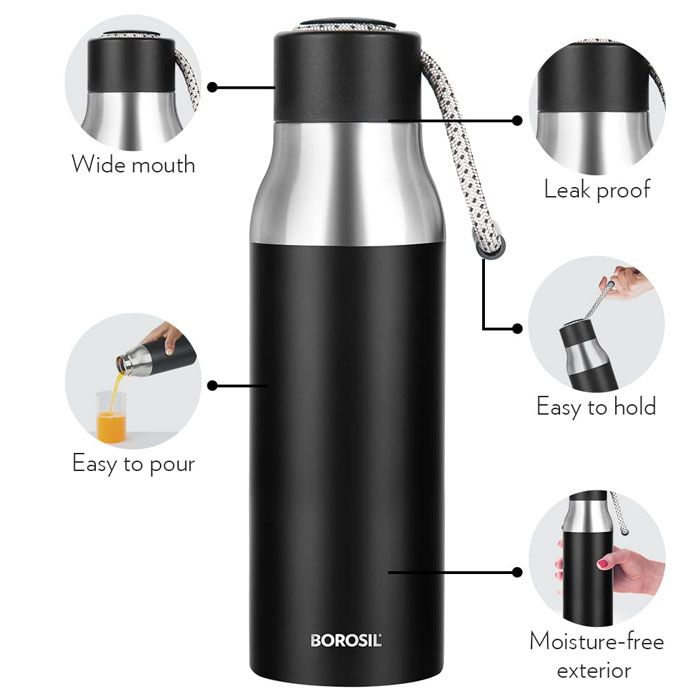 Borosil Aquasoul 600 ml Flask water Bottle (Black)